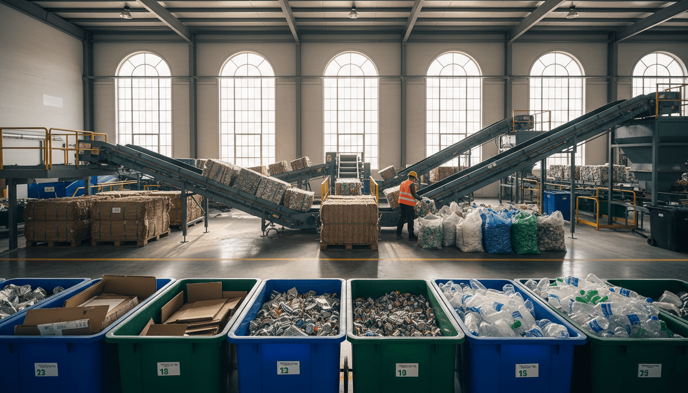 Clean recycling sorting facility with organized materials and bright natural lighting