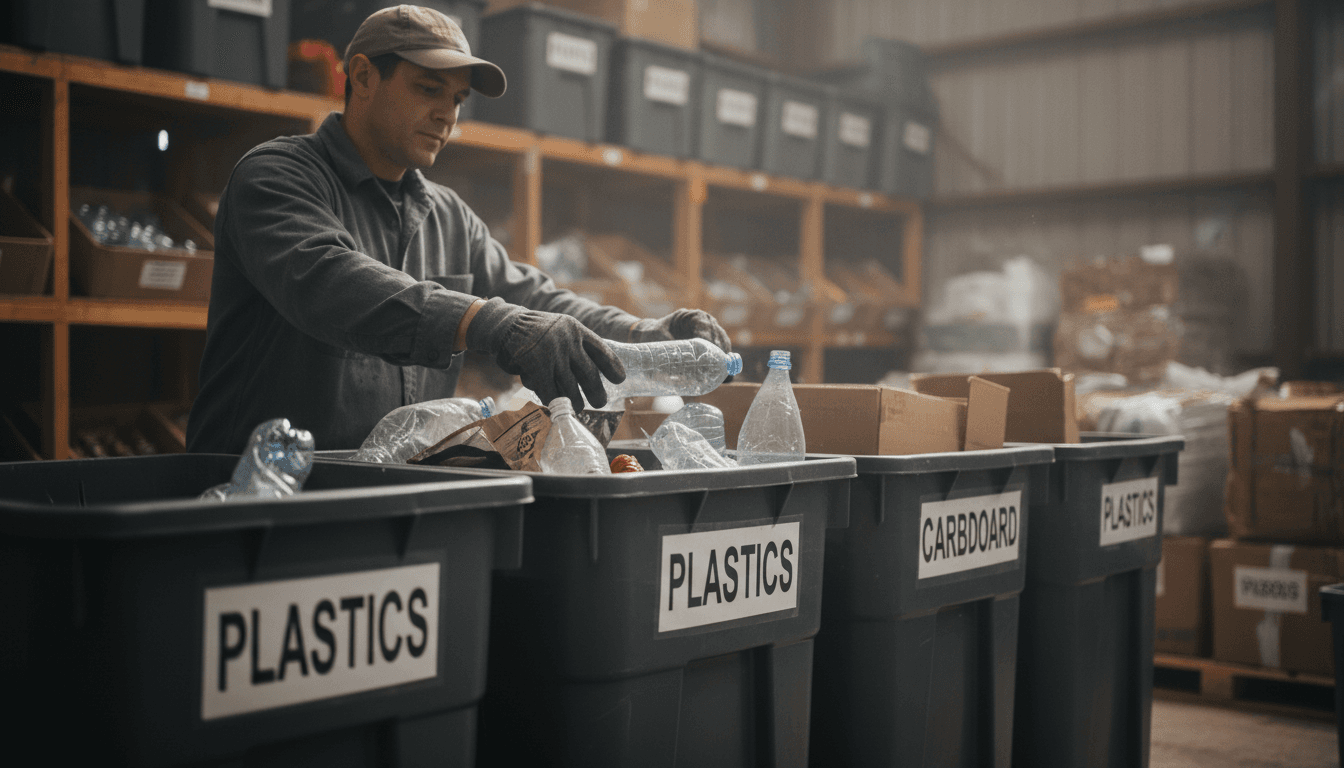 Person sorting recyclable materials into organized bins at a recycling facility