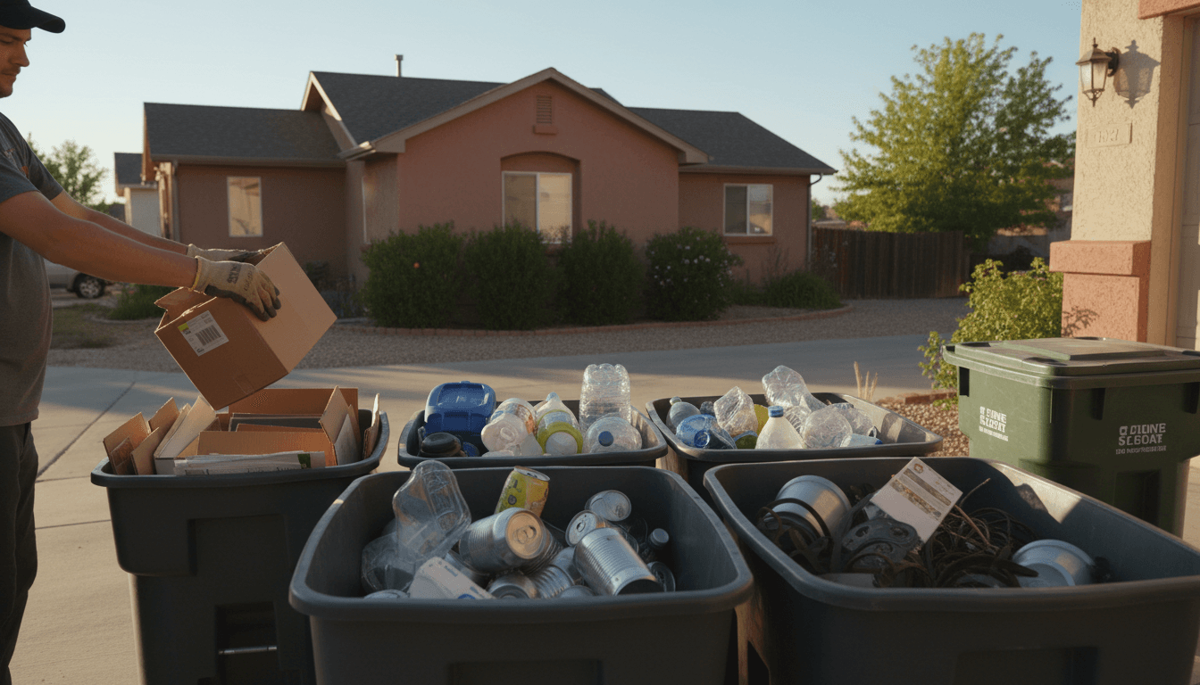Millard Recycling collection bins being filled with sorted recyclable materials during a residential pickup in Fillmore