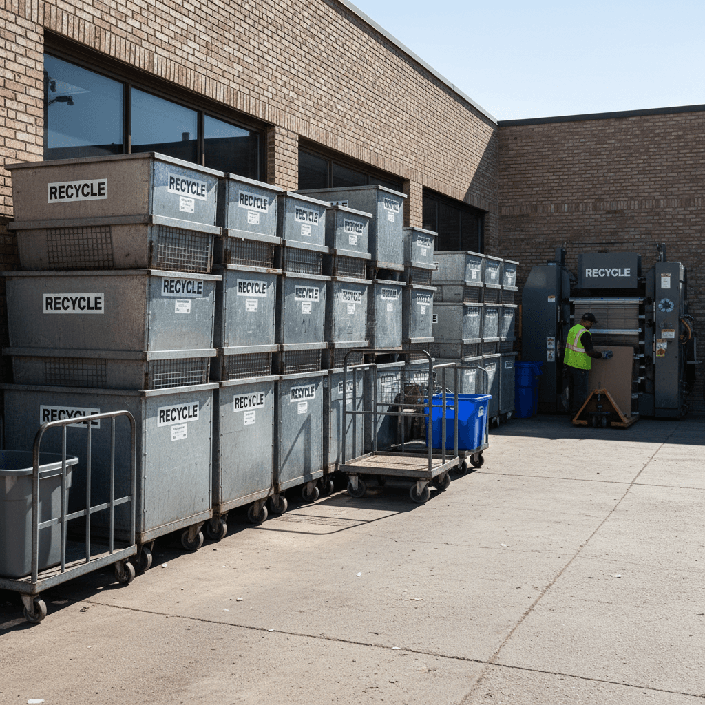 Commercial recycling bins behind a business location with collection in progress
