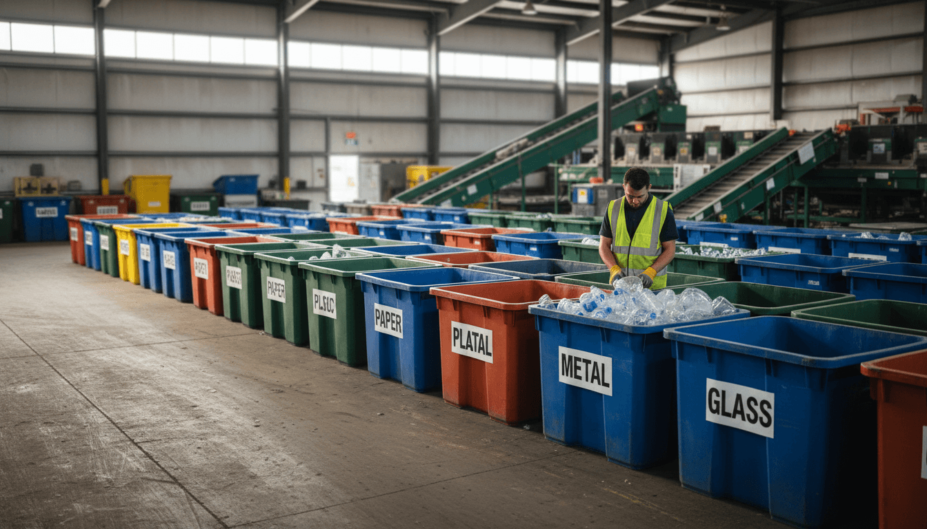 Organized recycling bins and sorted materials at Millard Recycling facility in Fillmore