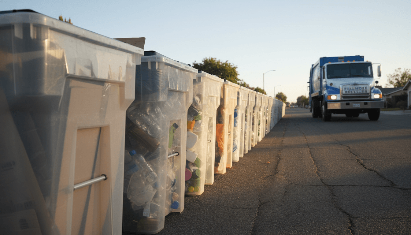 Organized recycling bins ready for collection on a Fillmore residential street