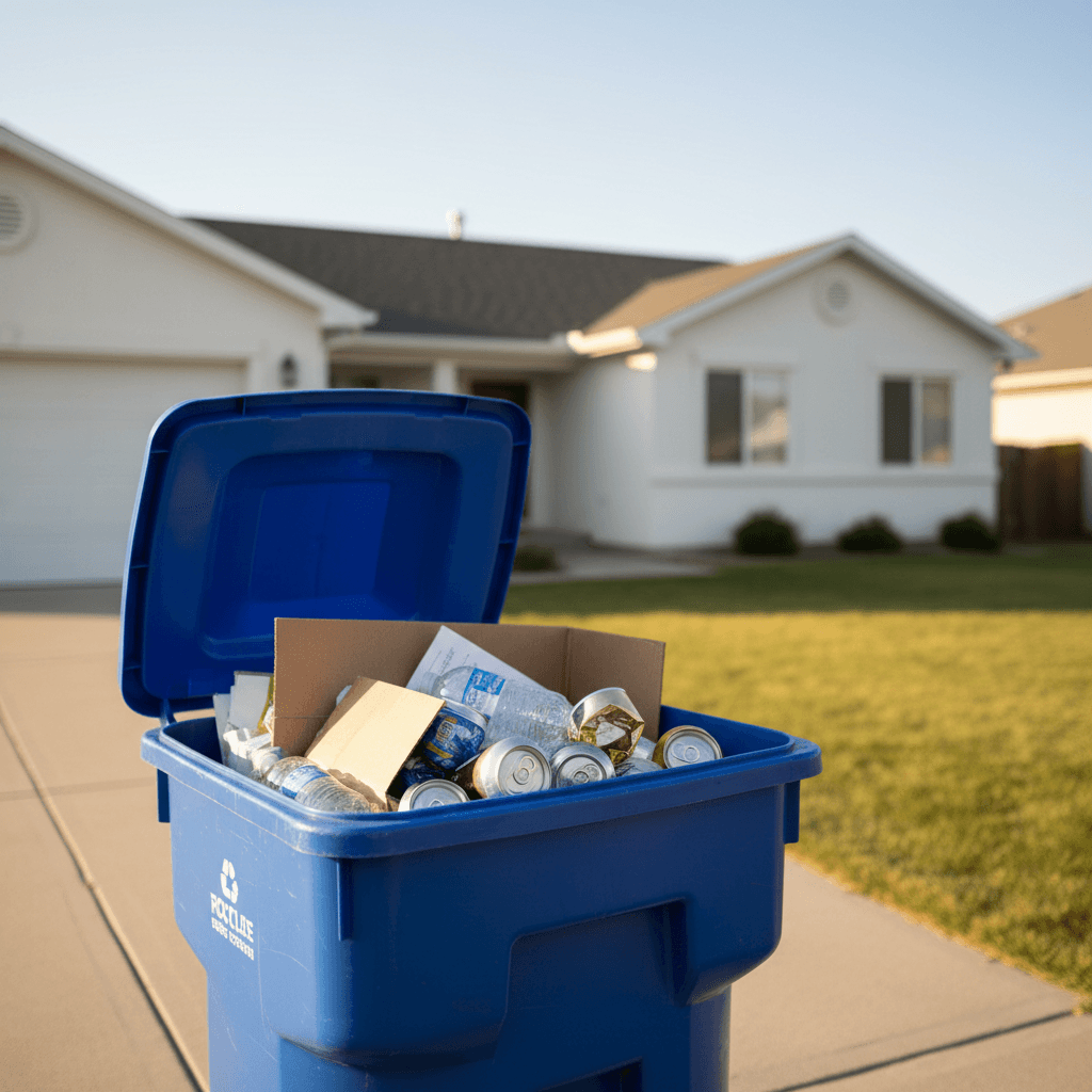 Residential recycling bin with sorted materials on a home driveway
